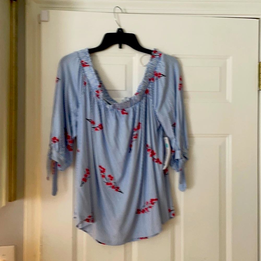 Blue and white striped off shoulder top